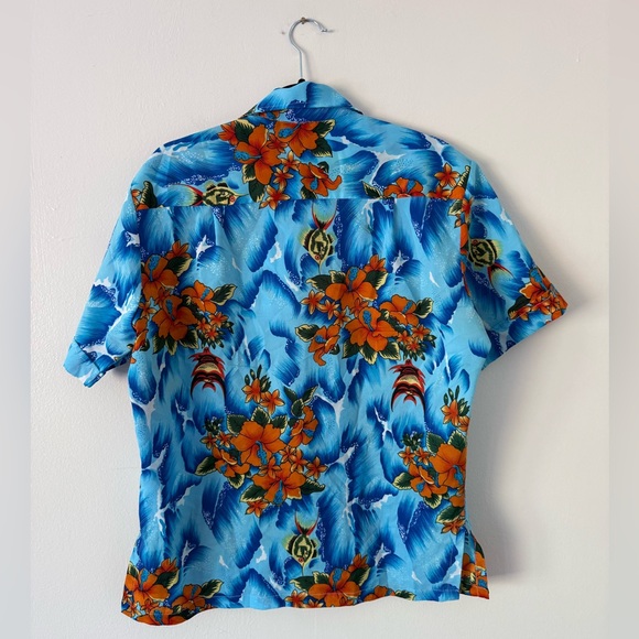 Vintage 70s Authentic Hawaiian Luau Shirt Mens M Hibiscus Floral Ocean Blue - Picture 15 of 15